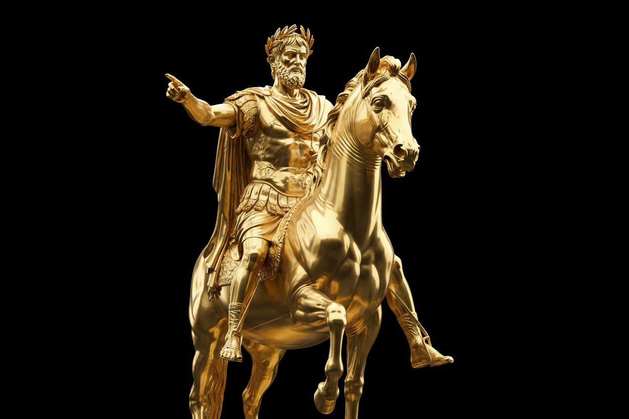 Marcus Arelius Statue in Gold over a black background